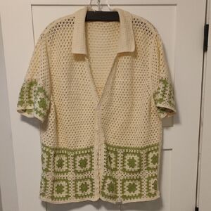 Cream and Green Crochet Men's Shirt